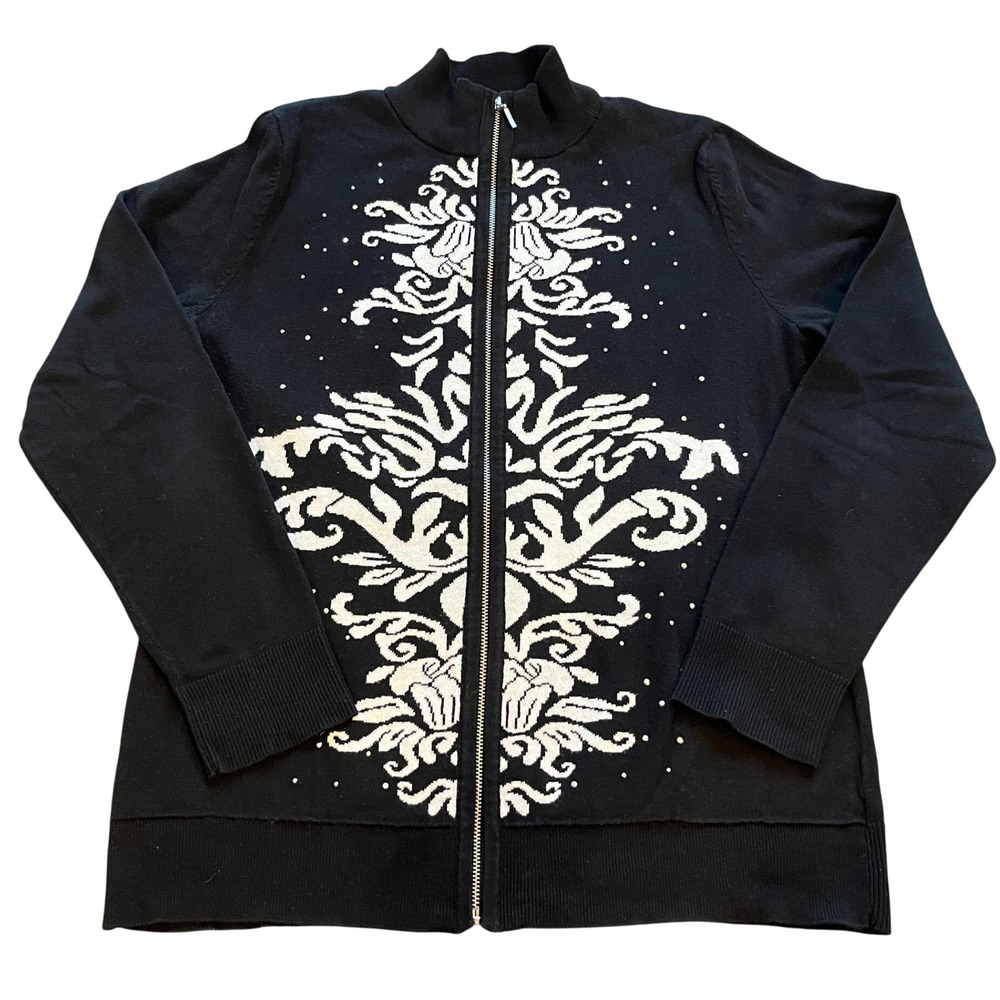 Zenergy by Chicos Black White Damask Rhinestone Full Zip Cardigan Sweater Size 1